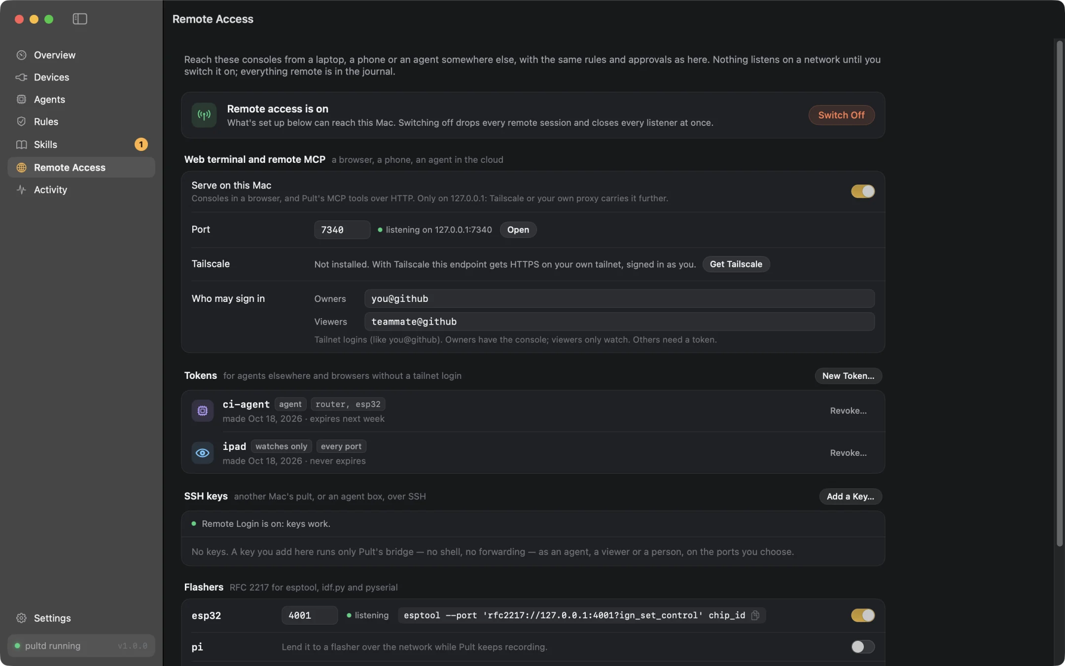 Pult's remote access: the kill switch, web terminal, tokens, SSH keys and flasher ports