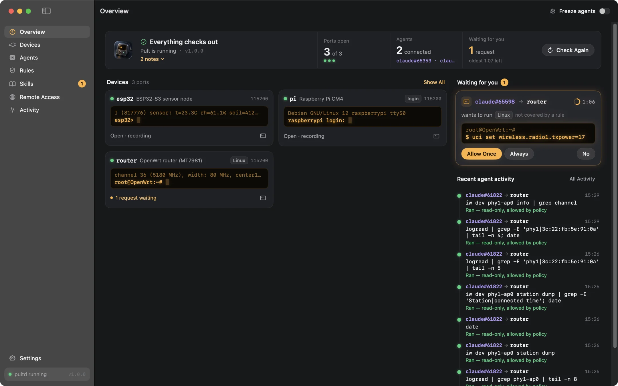 Pult's overview: three boards with their live consoles, and an agent's request waiting for Allow or No