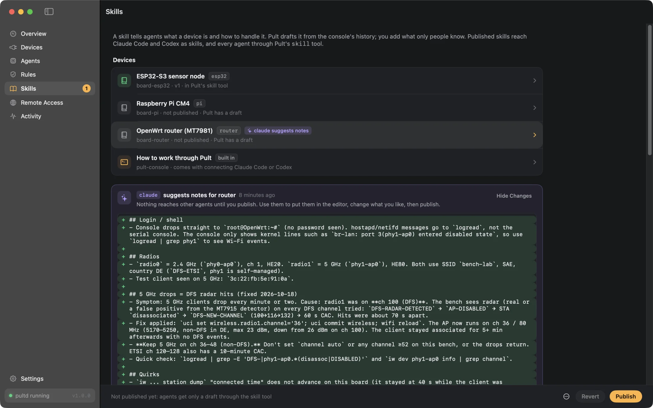 A device's skill in Pult: what Pult saw on the console, and the notes